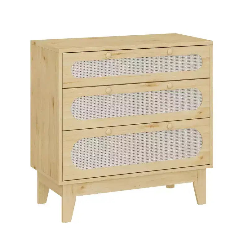 Comò in rattan con 3 cassetti diversi, cassettiera naturale per armadio con maniglie e gambe in legno, dotata di kit antiribaltamento, rovere naturale