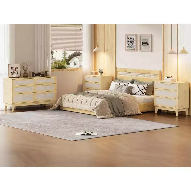Comò in rattan con 3 cassetti diversi, cassettiera naturale per armadio con maniglie e gambe in legno, dotata di kit antiribaltamento, rovere naturale
