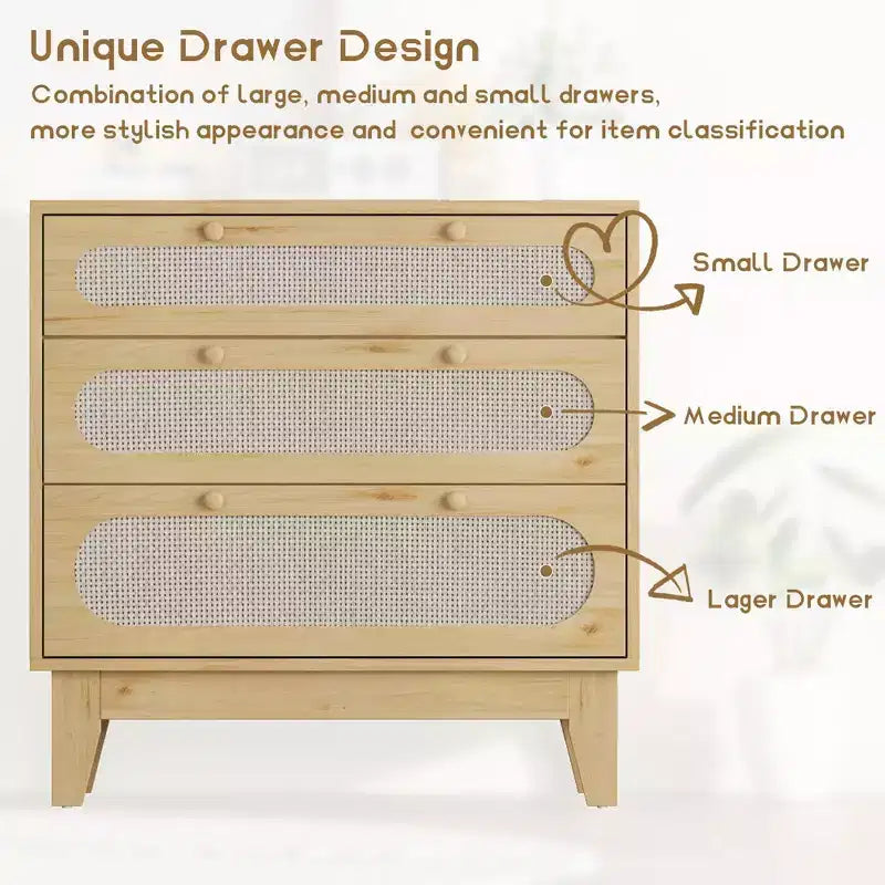 Comò in rattan con 3 cassetti diversi, cassettiera naturale per armadio con maniglie e gambe in legno, dotata di kit antiribaltamento, rovere naturale