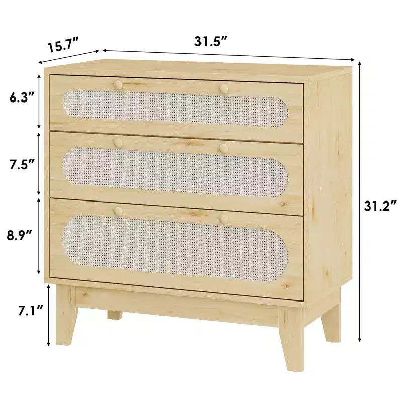 Comò in rattan con 3 cassetti diversi, cassettiera naturale per armadio con maniglie e gambe in legno, dotata di kit antiribaltamento, rovere naturale