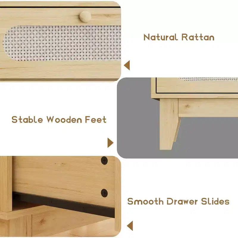 Comò in rattan con 3 cassetti diversi, cassettiera naturale per armadio con maniglie e gambe in legno, dotata di kit antiribaltamento, rovere naturale