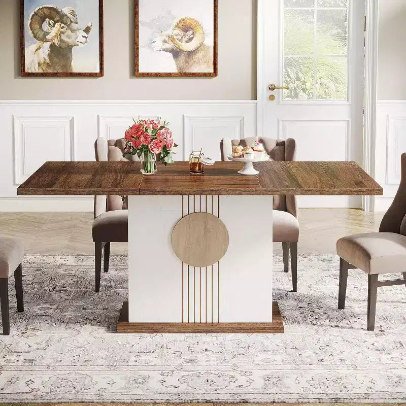 Tavolo da pranzo rettangolare 55 per 4-6 persone, tavolo da pranzo in legno stile rustico per cucina, sala da pranzo e soggiorno, rovere marrone e bianco