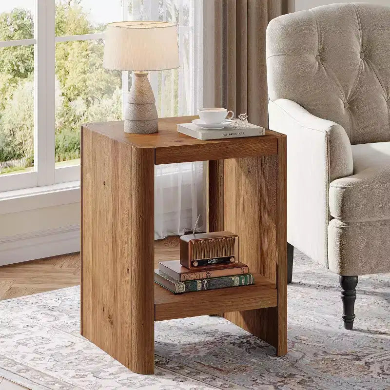 Lantine Solid Wood End Table, 2-Tier Small Side Table with Open Storage Shelf for Living Room, Small Spaces, Easy Assembly