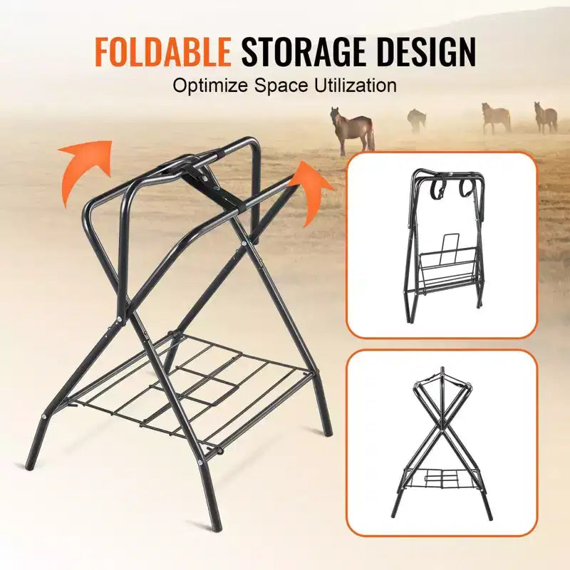 Portasella pieghevole da 31,5 pollici, in acciaio resistente autoportante, porta coperte portatile per selle inglesi/western e deposito per attrezzatura, nero