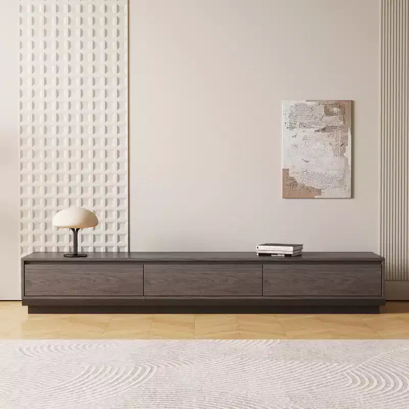 Mobile TV moderno allungabile da 200 cm in noce scuro, console multimediale con 3 cassetti