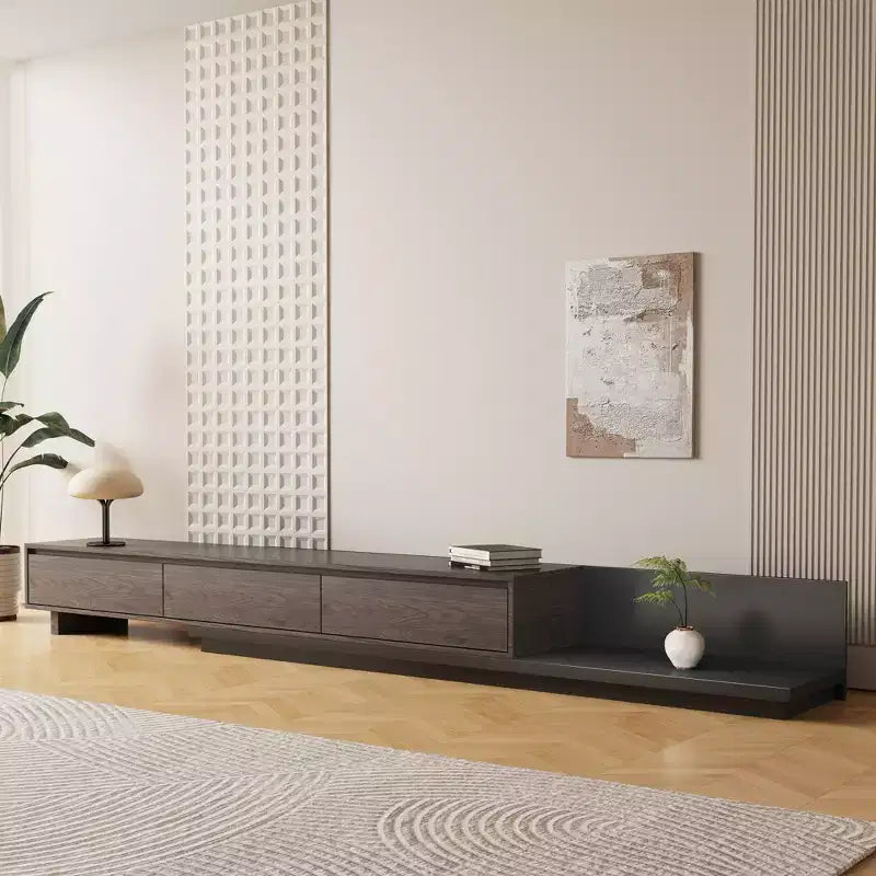 Mobile TV moderno allungabile da 200 cm in noce scuro, console multimediale con 3 cassetti