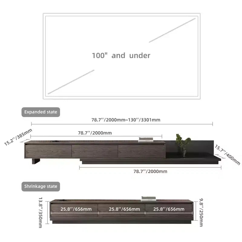 Mobile TV moderno allungabile da 200 cm in noce scuro, console multimediale con 3 cassetti